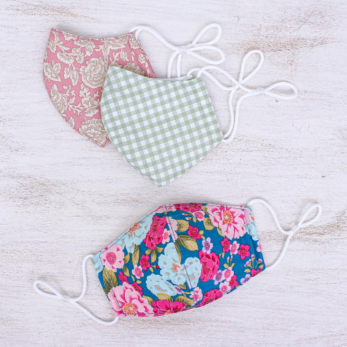 3 Handmade Floral  Gingham Cotton Masks with Filter Pockets 'Happy Spirit'