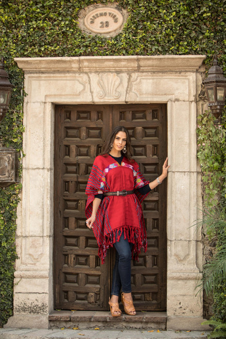 Handwoven Cotton Poncho in Claret from Mexico 'Claret Artistry'