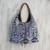 Leather Accent Cotton Blend Hobo Bag in Lapis and White 'Lapis Geometry'