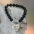 Black Onyx and Heart Charm Beaded Bracelet from Bali 'Path of Love in Matte'