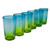 6 Artisan Crafted Blue Green Blown Glass Highball Glasses 'Aurora Tapatia'