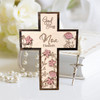 Personalized Wooden Cross with Floral Design – Custom Baptism Gift for Girls – Engraved Baby Dedication Keepsake