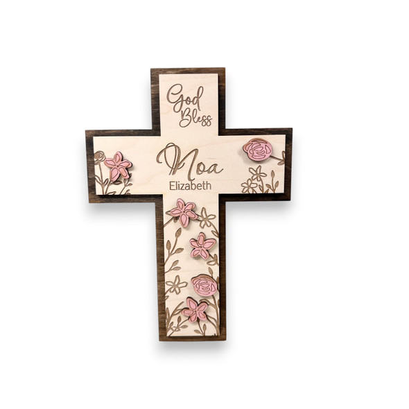Personalized Wooden Cross with Floral Design – Custom Baptism Gift for Girls – Engraved Baby Dedication Keepsake