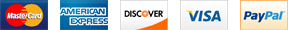 We accept Master Card, American Express, Discover, Visa, and Paypal.