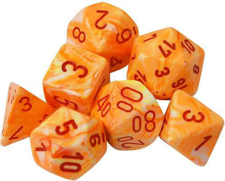 This set contains 7 Festive Sunburst dice with red numbers with the following shapes:

1 x 4-sided die (PF0453)
1 x 6-sided die (PF0653)
1 x 8-sided die (PF0853)
1 x 10-sided die (PF1053)
1 x tens 10-sided die (PF1153)
1 x 12-sided die (PF1253)
1 x 20-sided die (PF2053).

These are held in an 02805 Display Case with Lid.

This color is Black Light Reactive! It will react to a Black Light Flashlight.

Festive® is a registered trademark of Chessex Manufacturing.