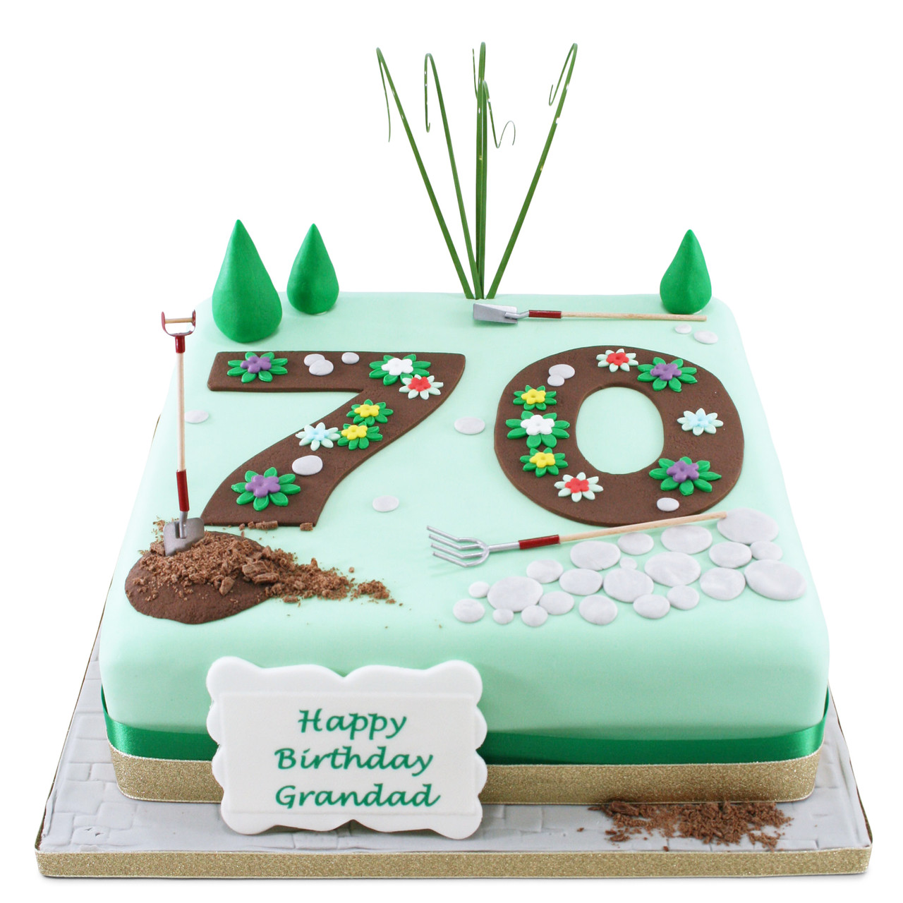 Rachel's Iced Gems - Gardening themed birthday cake topped with hand  modelled gardening accessories and surrounded by buttercream grass.  #rachelsicedgems #garden #gardening #cake #green #flowers #modelled  #plantpot #fork #spade #gloves #happybirthday ...