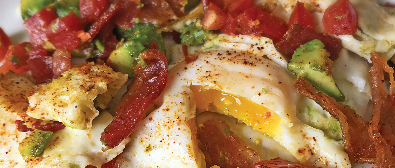 Spicy Bacon, Egg & Avocado Hash