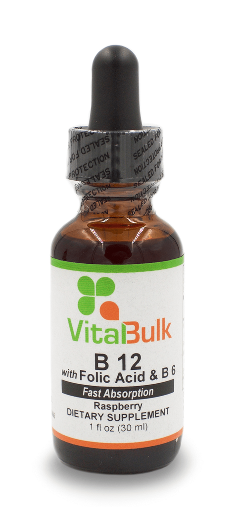 B-12 Liquid Drops 1,000 mcg w/ Folic Acid & Vitamin B6 Raspberry Flavor - 1 Oz. Bottle