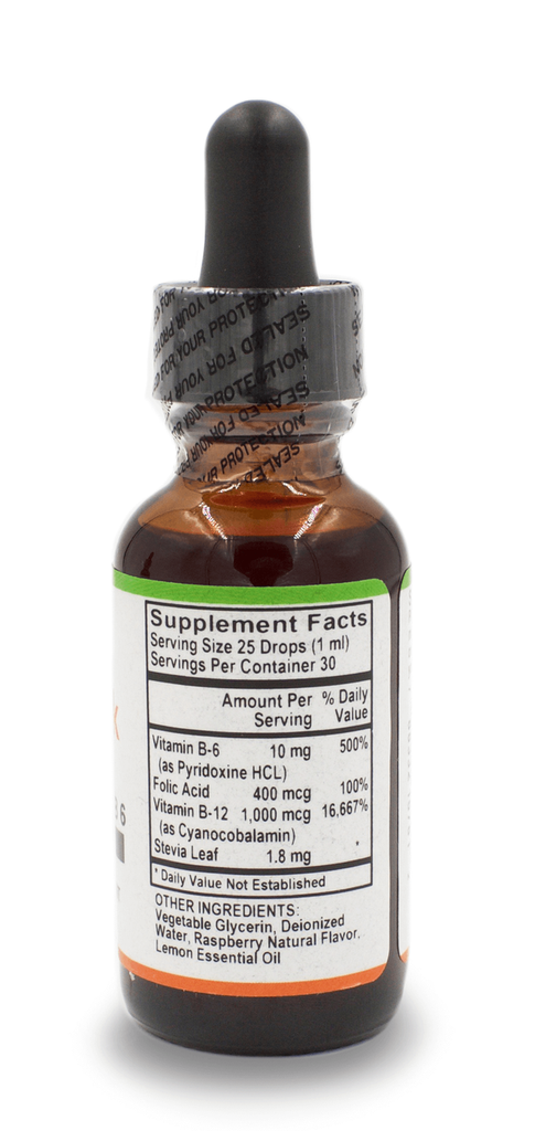 B-12 Liquid Drops 1,000 mcg w/ Folic Acid & Vitamin B6 Raspberry Flavor - 1 Oz. Bottle