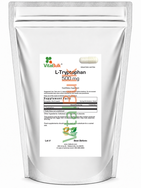 L-Tryptophan 500 mg Capsule - 100 Count Bag
