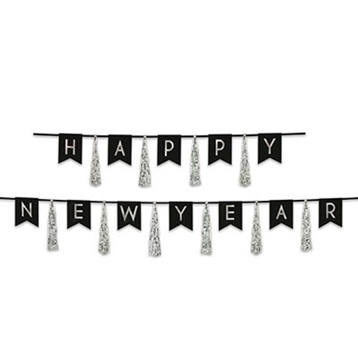 Happy New Year Tassel Streamer - Black & Silver - 6 ft x 9 ft