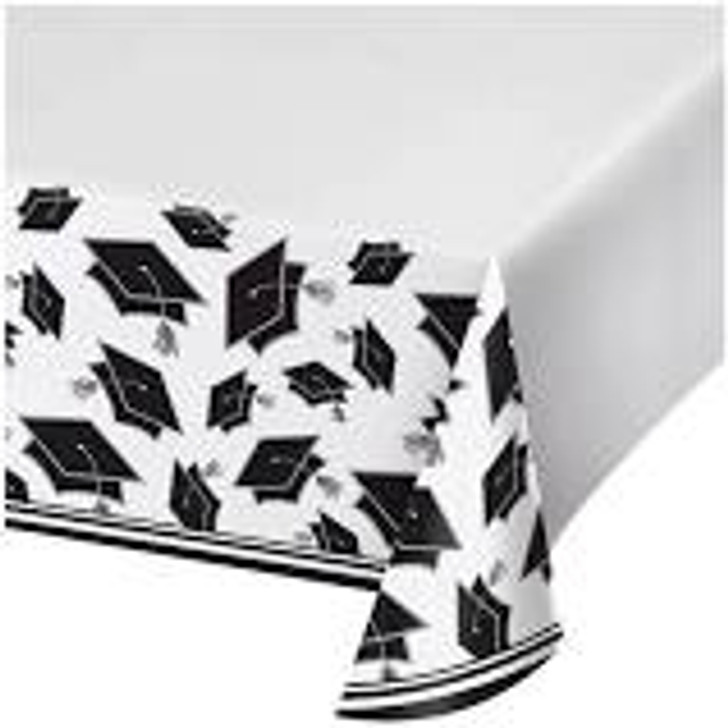 Graduation School Spirit White Plastic Table Cover - 54 in x 102 in