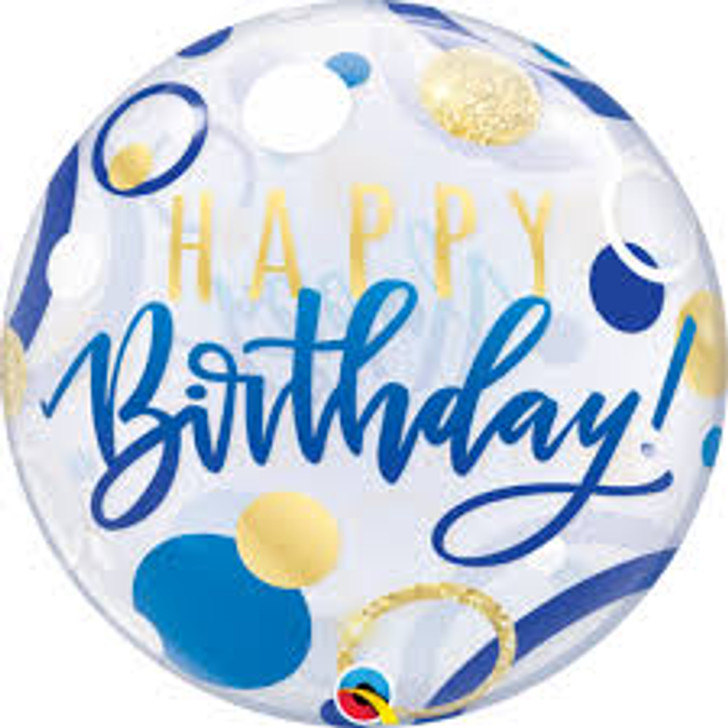 Blue and Gold Dots Birthday Bubble Balloon - 22 in