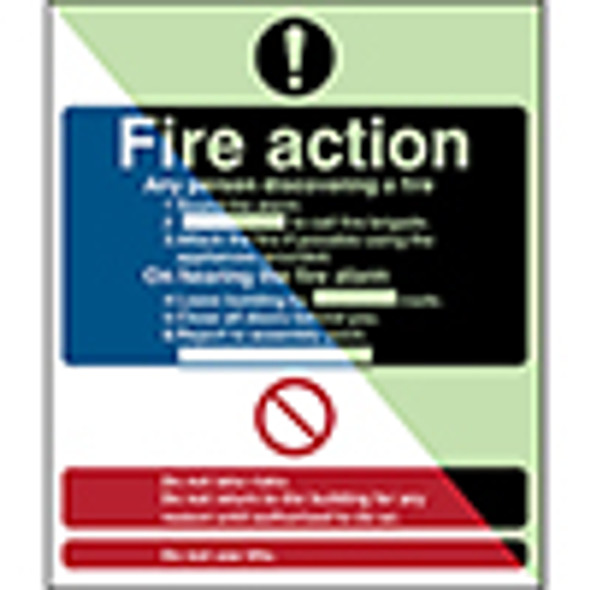 Glow-in-the-dark safety sign - Fire action Any person discovering a fire…