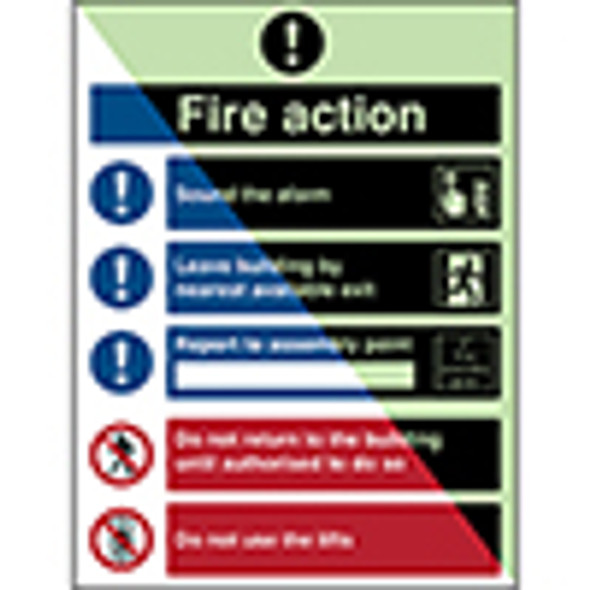 Glow-in-the-dark safety sign - Fire action Sound the alarm Leave building by nearest available exit…