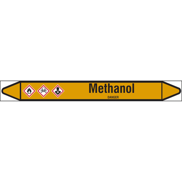 Individual linerless Pipe Markers on a Roll with die-cut arrowheads, with pictograms - Gas - Methanol