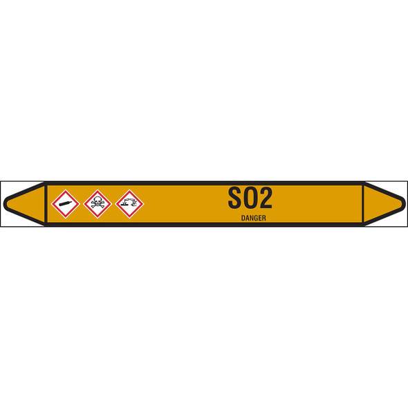 Individual linerless Pipe Markers on a Roll with die-cut arrowheads, with pictograms - Gas - SO2