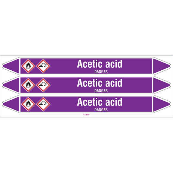 Individual Pipe Markers on a Card with die-cut arrowheads, with pictograms - Acids & Alkalis - Acetic acid