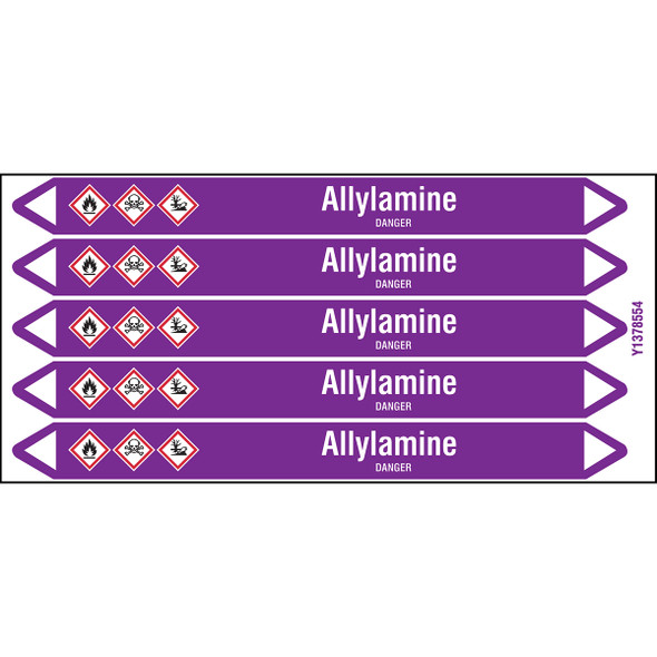 Individual Pipe Markers on a Card with die-cut arrowheads, with pictograms - Acids & Alkalis - Allylamine