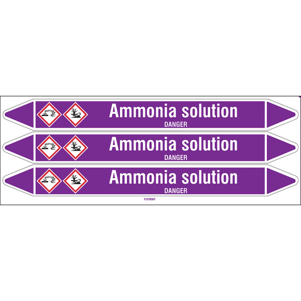 Individual Pipe Markers on a Card with die-cut arrowheads, with pictograms - Acids & Alkalis - Ammonia solution
