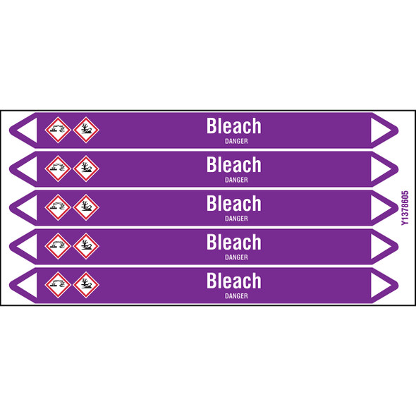 Individual Pipe Markers on a Card with die-cut arrowheads, with pictograms - Acids & Alkalis - Bleach