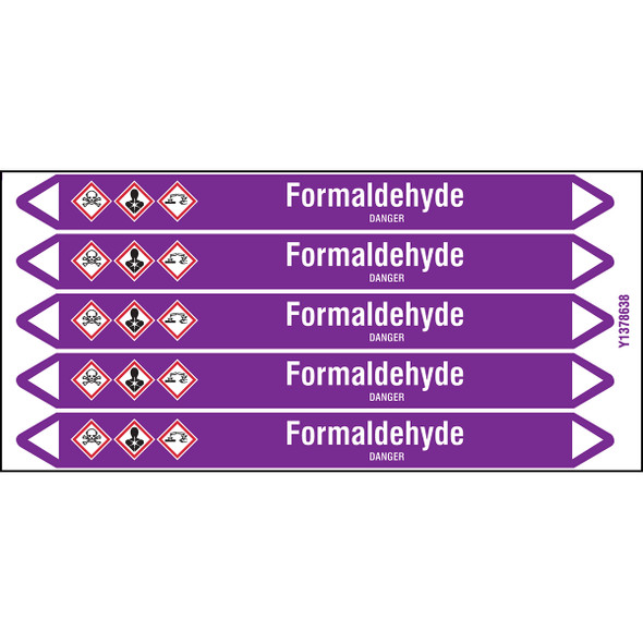 Individual Pipe Markers on a Card with die-cut arrowheads, with pictograms - Acids & Alkalis - Formaldehyde