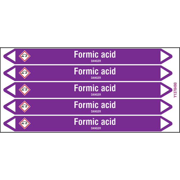 Individual Pipe Markers on a Card with die-cut arrowheads, with pictograms - Acids & Alkalis - Formic acid