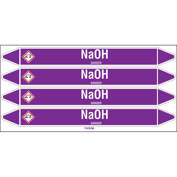 Individual Pipe Markers on a Card with die-cut arrowheads, with pictograms - Acids & Alkalis - NaOH