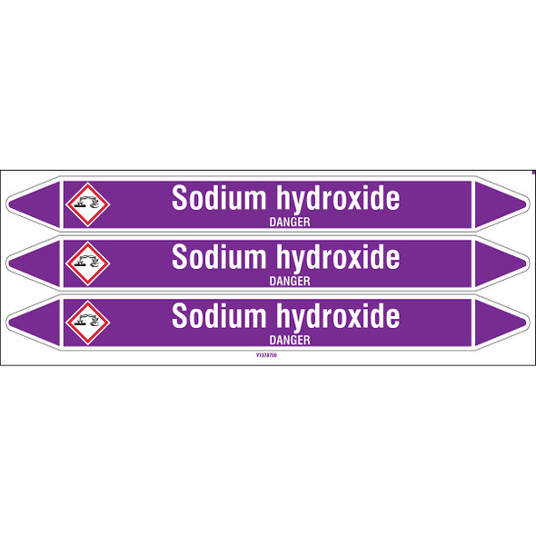 Individual Pipe Markers on a Card with die-cut arrowheads, with pictograms - Acids & Alkalis - Sodium hydroxide