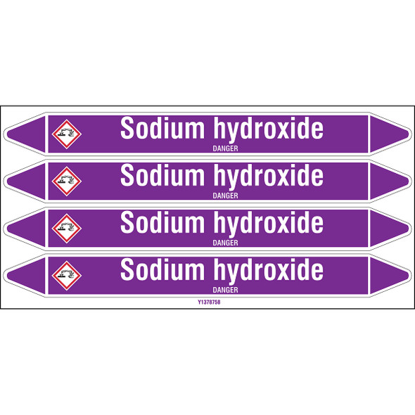 Individual Pipe Markers on a Card with die-cut arrowheads, with pictograms - Acids & Alkalis - Sodium hydroxide