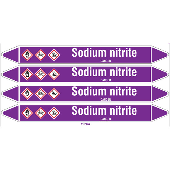 Individual Pipe Markers on a Card with die-cut arrowheads, with pictograms - Acids & Alkalis - Sodium nitrite