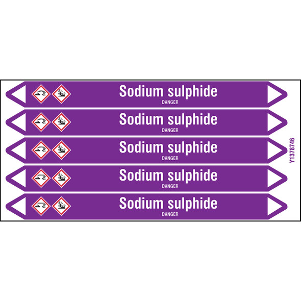 Individual Pipe Markers on a Card with die-cut arrowheads, with pictograms - Acids & Alkalis - Sodium sulphide