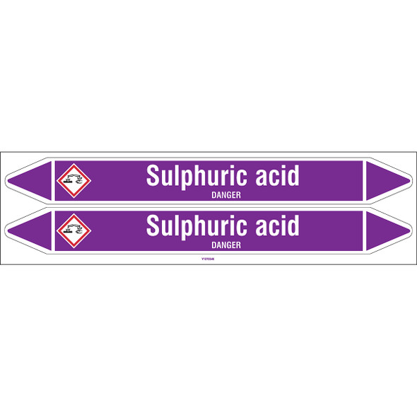 Individual Pipe Markers on a Card with die-cut arrowheads, with pictograms - Acids & Alkalis - Sulphuric acid