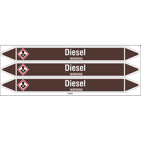 Individual Pipe Markers on a Card with die-cut arrowheads, with pictograms - Flammable/Non Flammable Liquids/Oils - Diesel