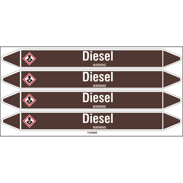 Individual Pipe Markers on a Card with die-cut arrowheads, with pictograms - Flammable/Non Flammable Liquids/Oils - Diesel