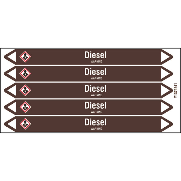 Individual Pipe Markers on a Card with die-cut arrowheads, with pictograms - Flammable/Non Flammable Liquids/Oils - Diesel