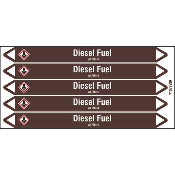 Individual Pipe Markers on a Card with die-cut arrowheads, with pictograms - Flammable/Non Flammable Liquids/Oils - Diesel Fuel