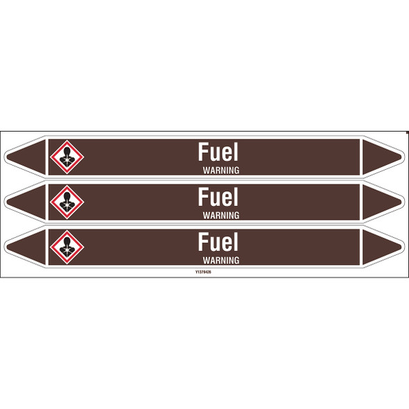 Individual Pipe Markers on a Card with die-cut arrowheads, with pictograms - Flammable/Non Flammable Liquids/Oils - Fuel