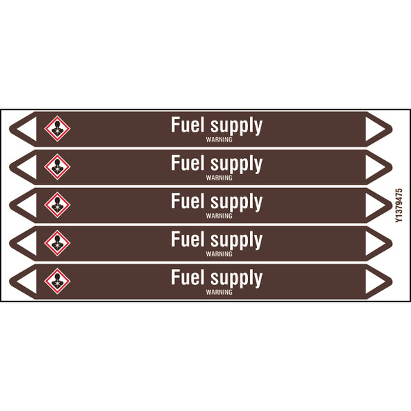 Individual Pipe Markers on a Card with die-cut arrowheads, with pictograms - Flammable/Non Flammable Liquids/Oils - Fuel supply