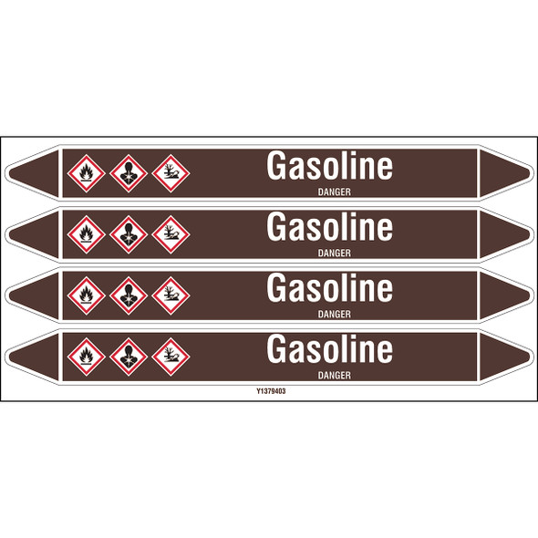 Individual Pipe Markers on a Card with die-cut arrowheads, with pictograms - Flammable/Non Flammable Liquids/Oils - Gasoline