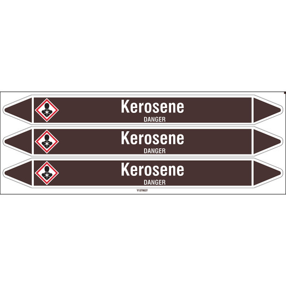 Individual Pipe Markers on a Card with die-cut arrowheads, with pictograms - Flammable/Non Flammable Liquids/Oils - Kerosene