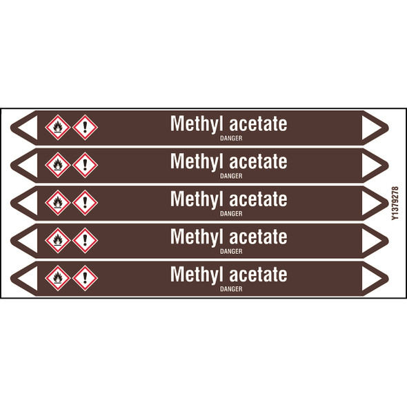 Individual Pipe Markers on a Card with die-cut arrowheads, with pictograms - Flammable/Non Flammable Liquids/Oils - Methyl acetate