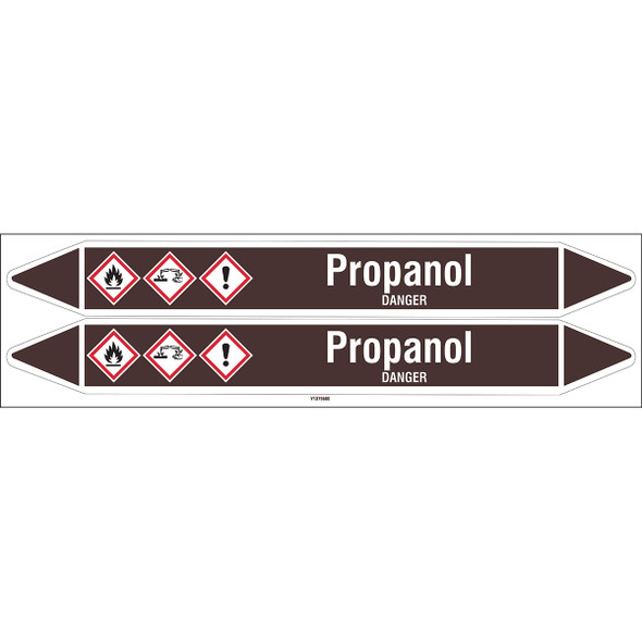 Individual Pipe Markers on a Card with die-cut arrowheads, with pictograms - Flammable/Non Flammable Liquids/Oils - Propanol