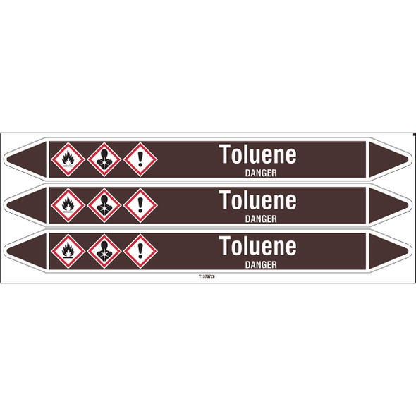 Individual Pipe Markers on a Card with die-cut arrowheads, with pictograms - Flammable/Non Flammable Liquids/Oils - Toluene