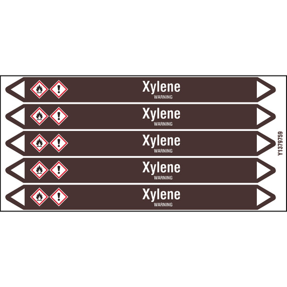 Individual Pipe Markers on a Card with die-cut arrowheads, with pictograms - Flammable/Non Flammable Liquids/Oils - Xylene