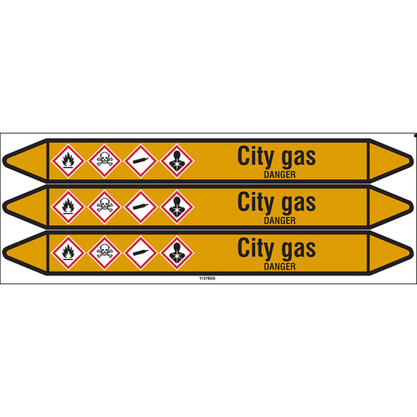 Individual Pipe Markers on a Card with die-cut arrowheads, with pictograms - Gas - City gas