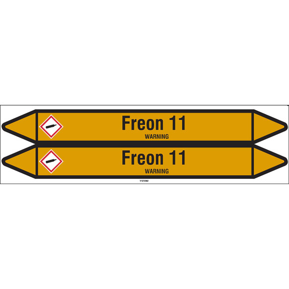 Individual Pipe Markers on a Card with die-cut arrowheads, with pictograms - Gas - Freon 11