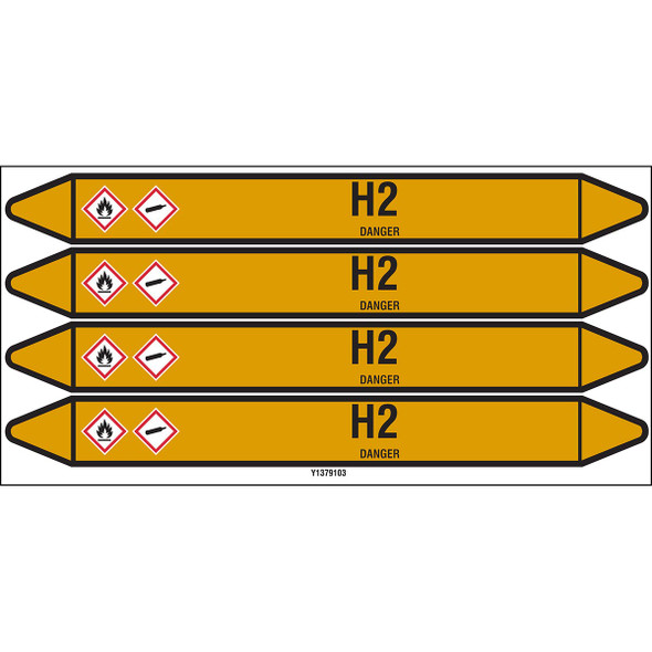 Individual Pipe Markers on a Card with die-cut arrowheads, with pictograms - Gas - H2