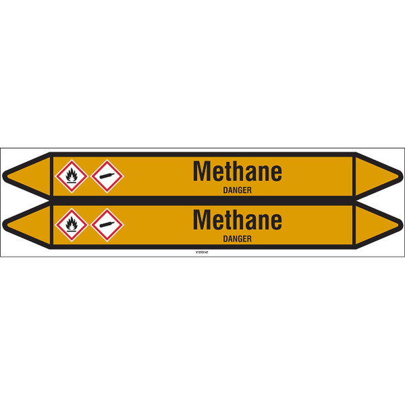 Individual Pipe Markers on a Card with die-cut arrowheads, with pictograms - Gas - Methane