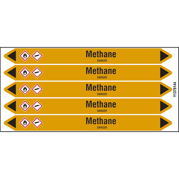 Individual Pipe Markers on a Card with die-cut arrowheads, with pictograms - Gas - Methane